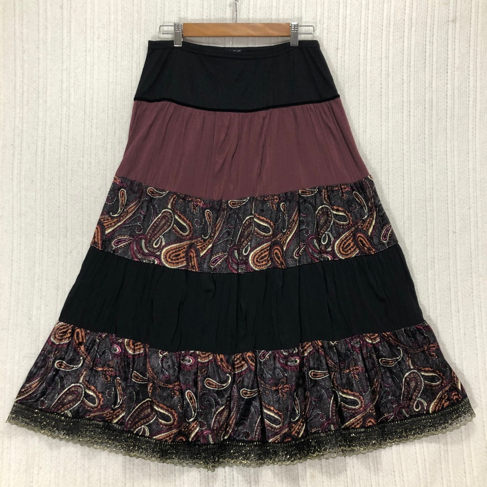 FANG‎ Paisley Tiered Maxi Skirt Black Burgundy M Boho Festival